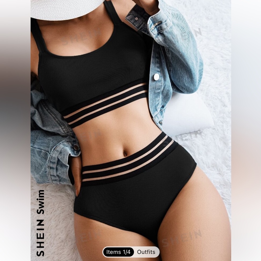 NWOT SHEIN Modest Mesh and ribbed black bikini